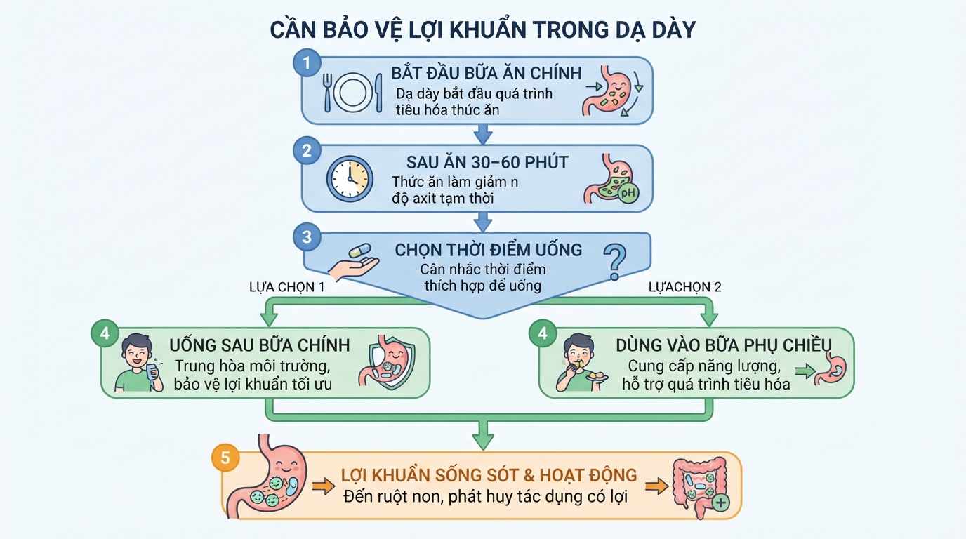 Môi trường dạ dày sau ăn được trung hòa giúp bảo vệ tối đa lợi khuẩn sống.