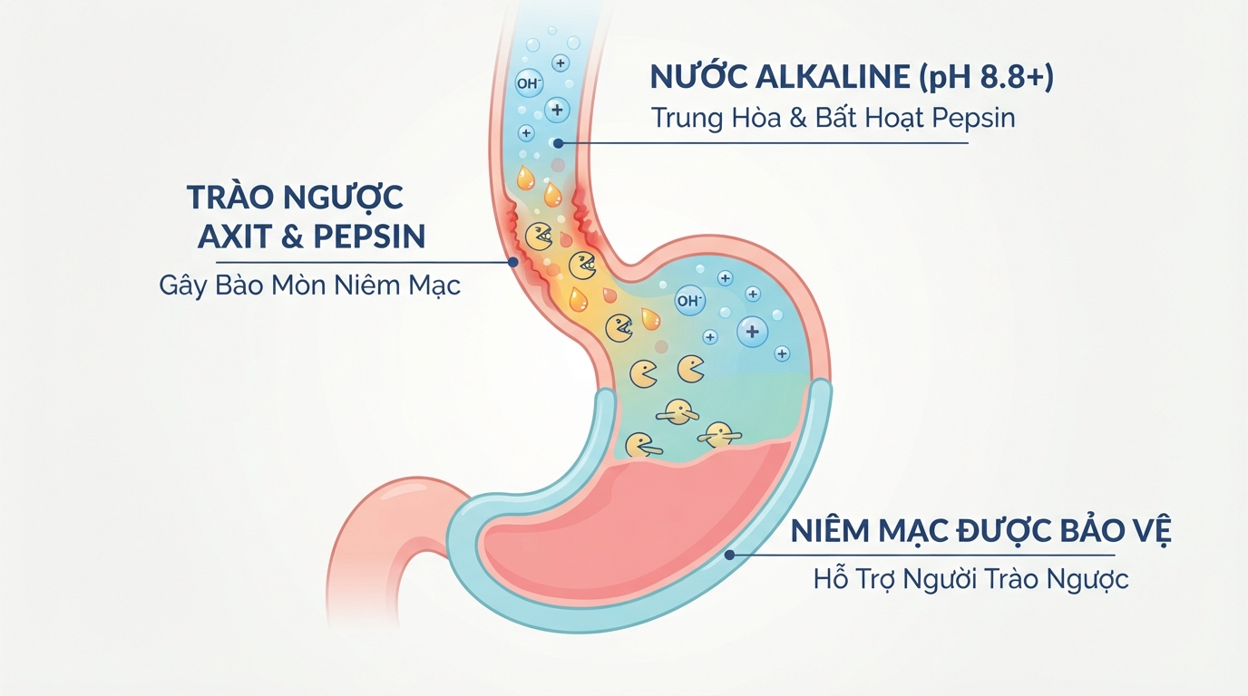 Môi trường kiềm nhẹ hỗ trợ làm bất hoạt pepsin, bảo vệ niêm mạc thực quản. Môi trường kiềm nhẹ hỗ trợ làm bất hoạt pepsin, bảo vệ niêm mạc thực quản.