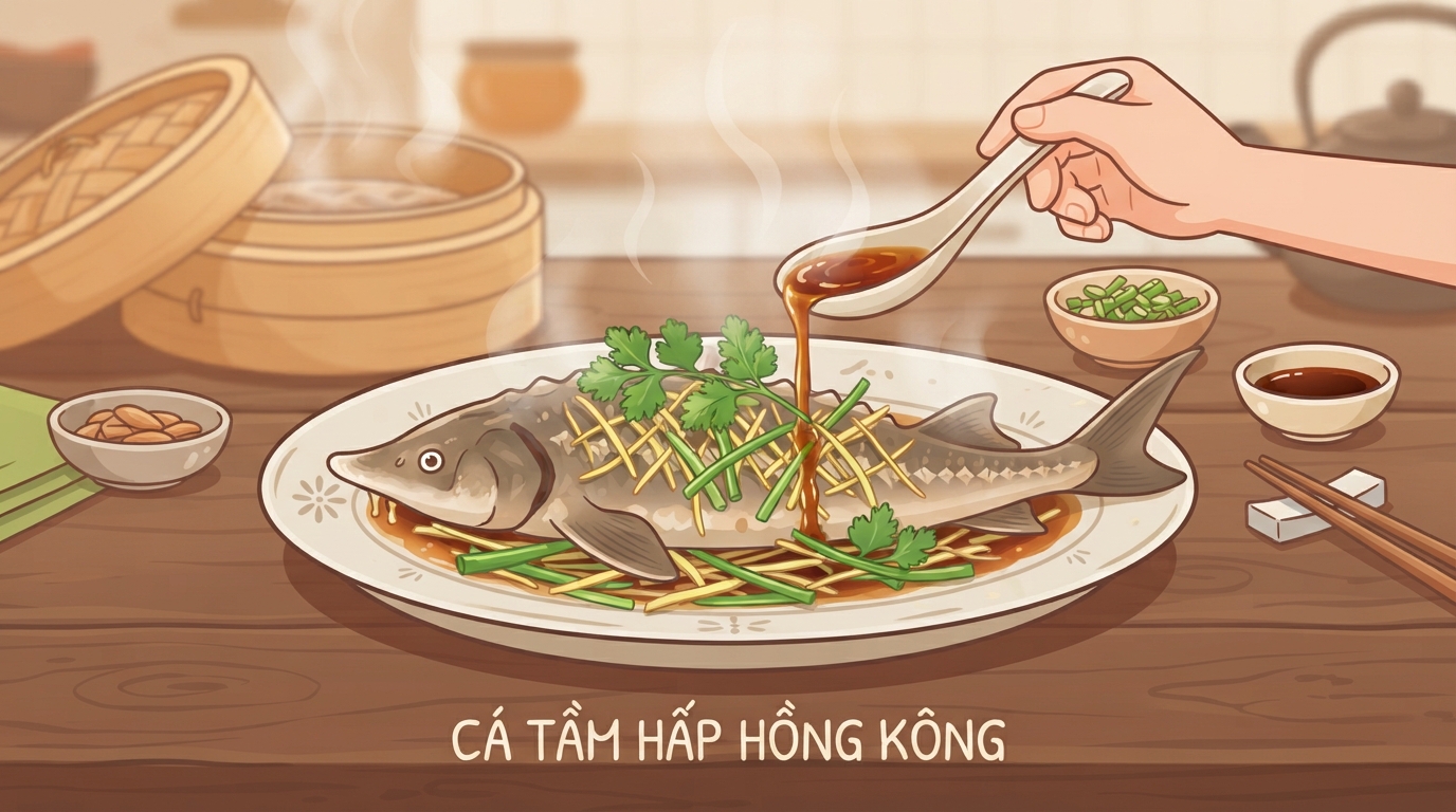 Món cá tầm hấp Hồng Kông nóng hổi giúp bảo toàn trọn vẹn dinh dưỡng.
