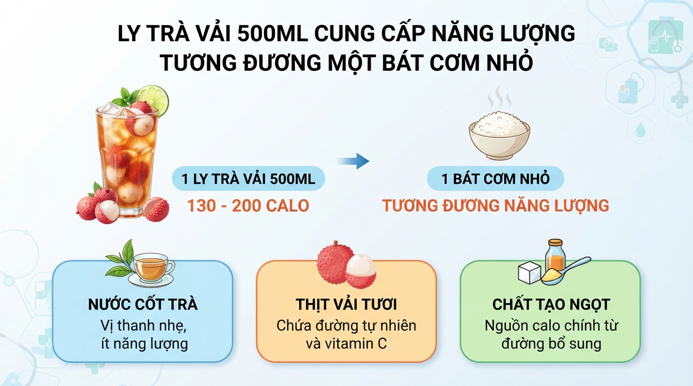 Một ly trà vải 500ml cung cấp năng lượng tương đương một bát cơm nhỏ.