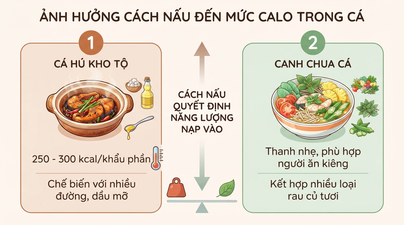 Mức calo tăng đáng kể khi chế biến cá cùng nhiều đường và dầu mỡ.