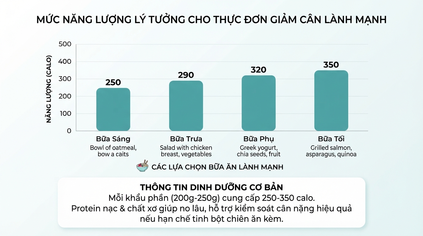 Mức năng lượng từ 250 đến 350 calo hỗ trợ thực đơn giảm cân lành mạnh.