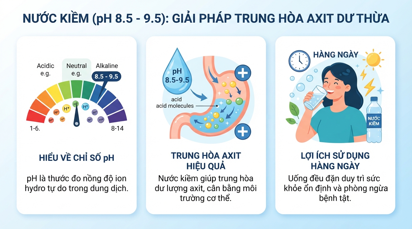 Mức pH từ 8.5 đến 9.5 hỗ trợ trung hòa hiệu quả lượng axit dư thừa.