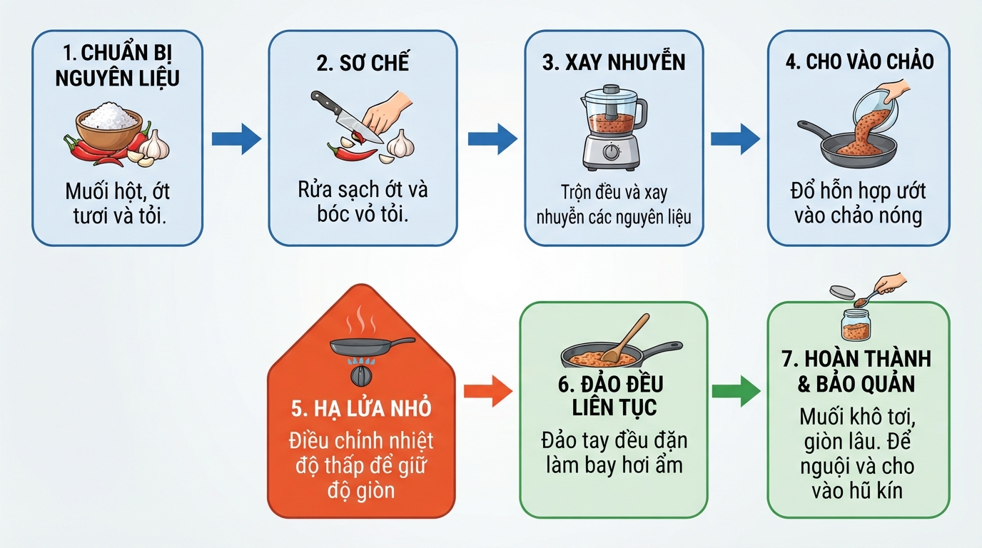 Muối ớt rang trên lửa nhỏ giúp giữ độ giòn và tránh bị khét đường.