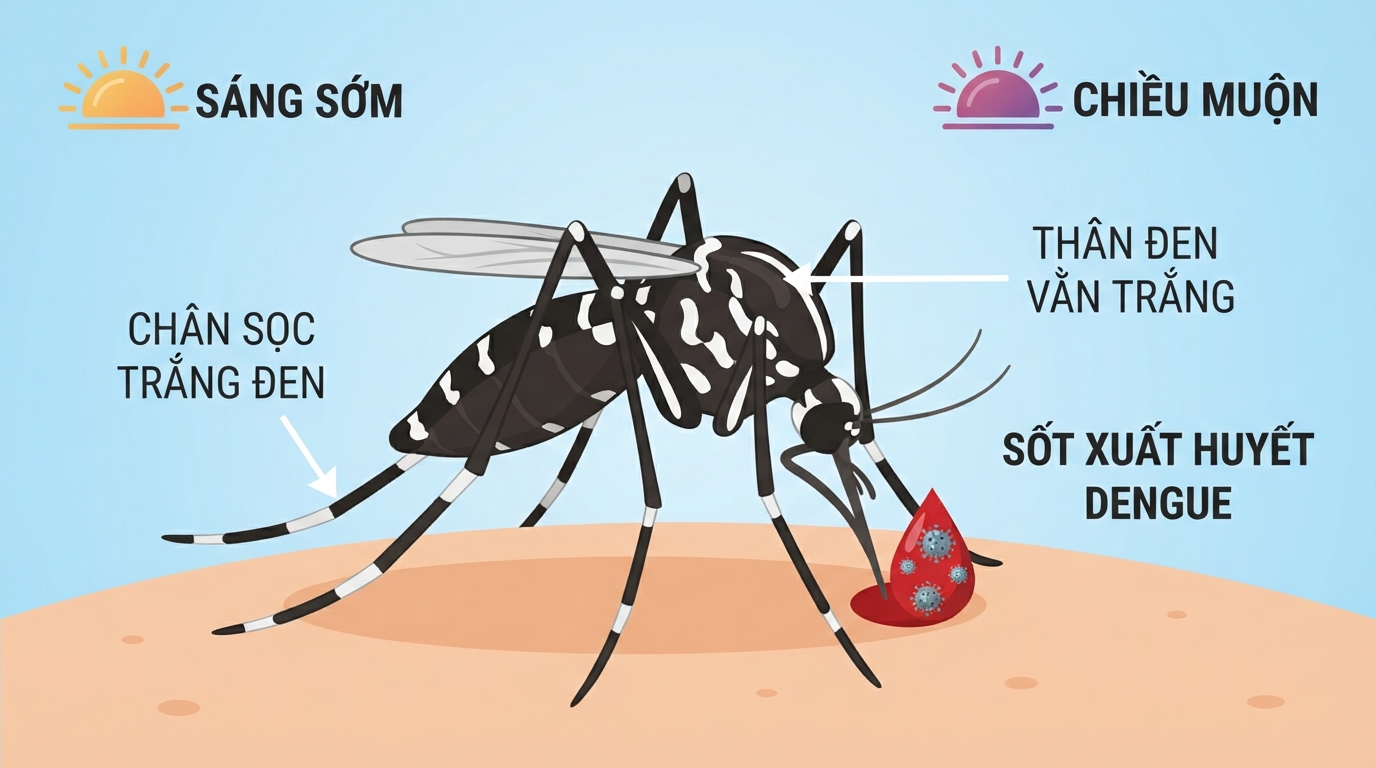 Muỗi vằn Aedes aegypti với đặc điểm sọc trắng đen truyền bệnh sốt xuất huyết nguy hiểm.