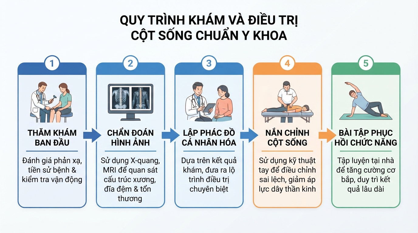 Năm bước trong quy trình khám và điều trị cột sống chuẩn y khoa.