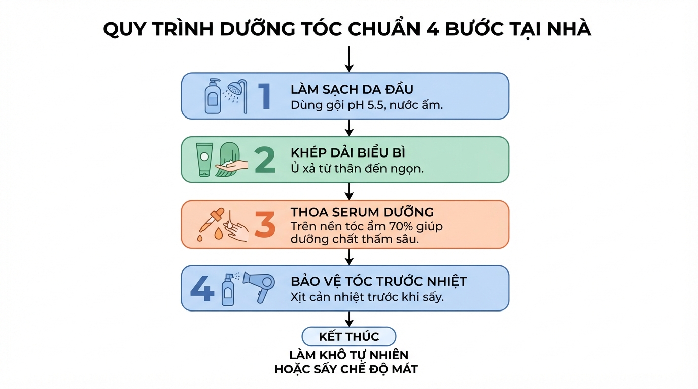 Nên để tóc khô tự nhiên hoặc sấy chế độ mát sau khi thoa dưỡng chất.