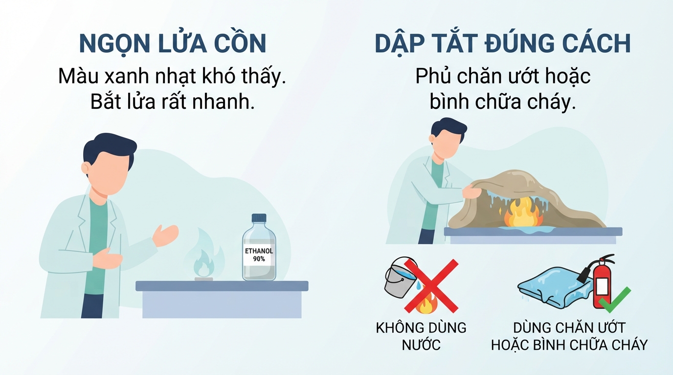 Ngọn lửa cồn màu xanh nhạt khó thấy, cần dập bằng chăn ướt thay vì nước.