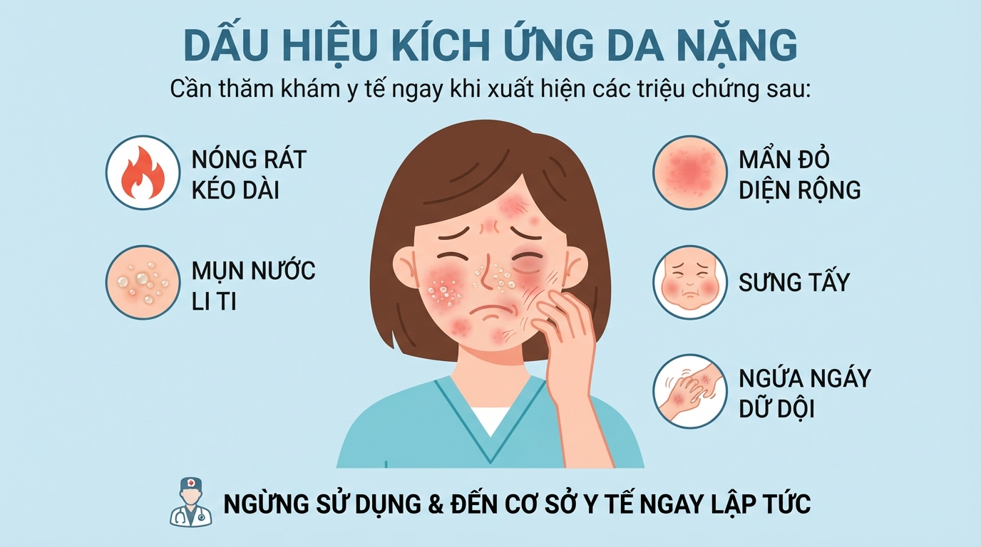 Ngưng sử dụng và thăm khám y tế ngay khi xuất hiện dấu hiệu kích ứng nặng.