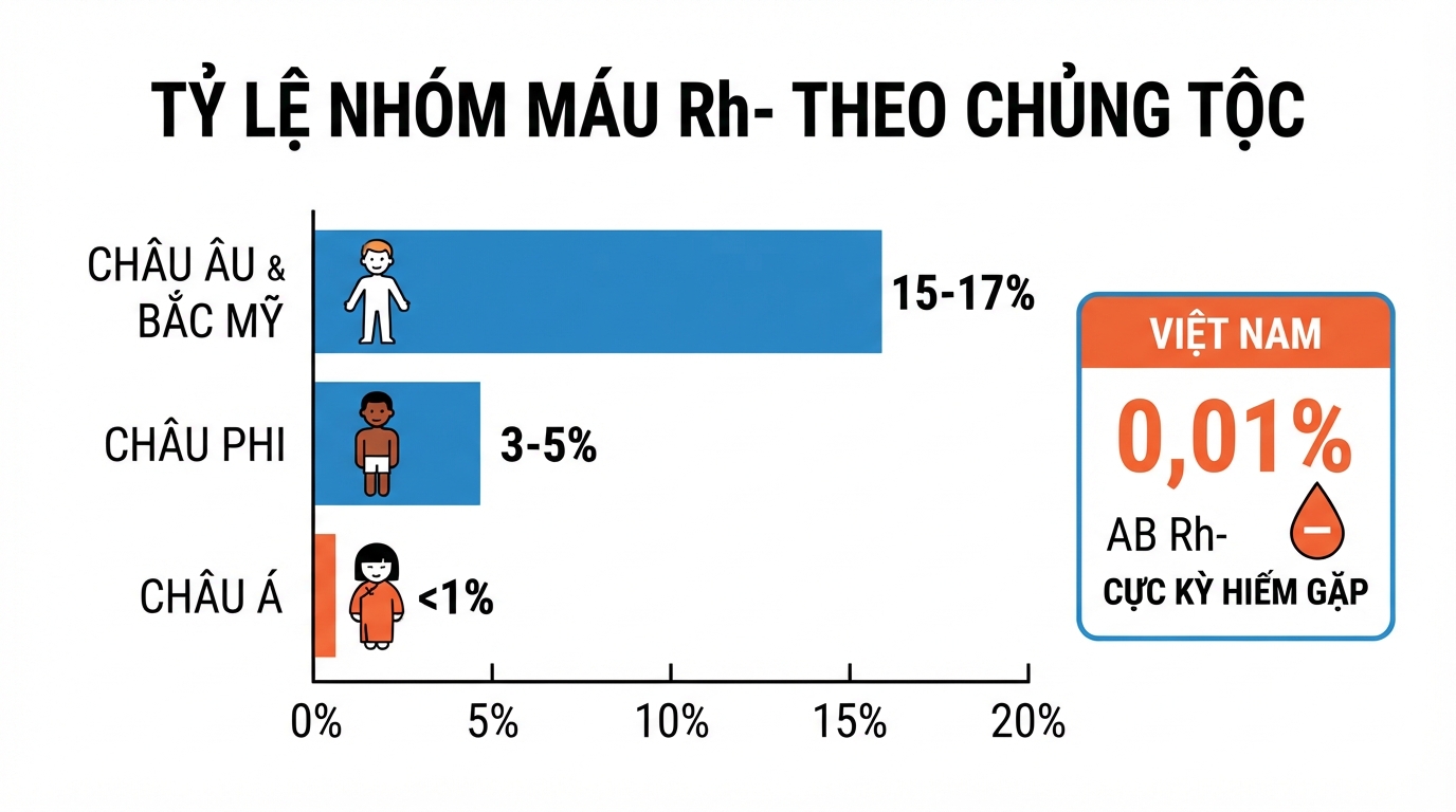 Người da trắng có tỷ lệ Rh- tới 17%, cao gấp nhiều lần người châu Á.