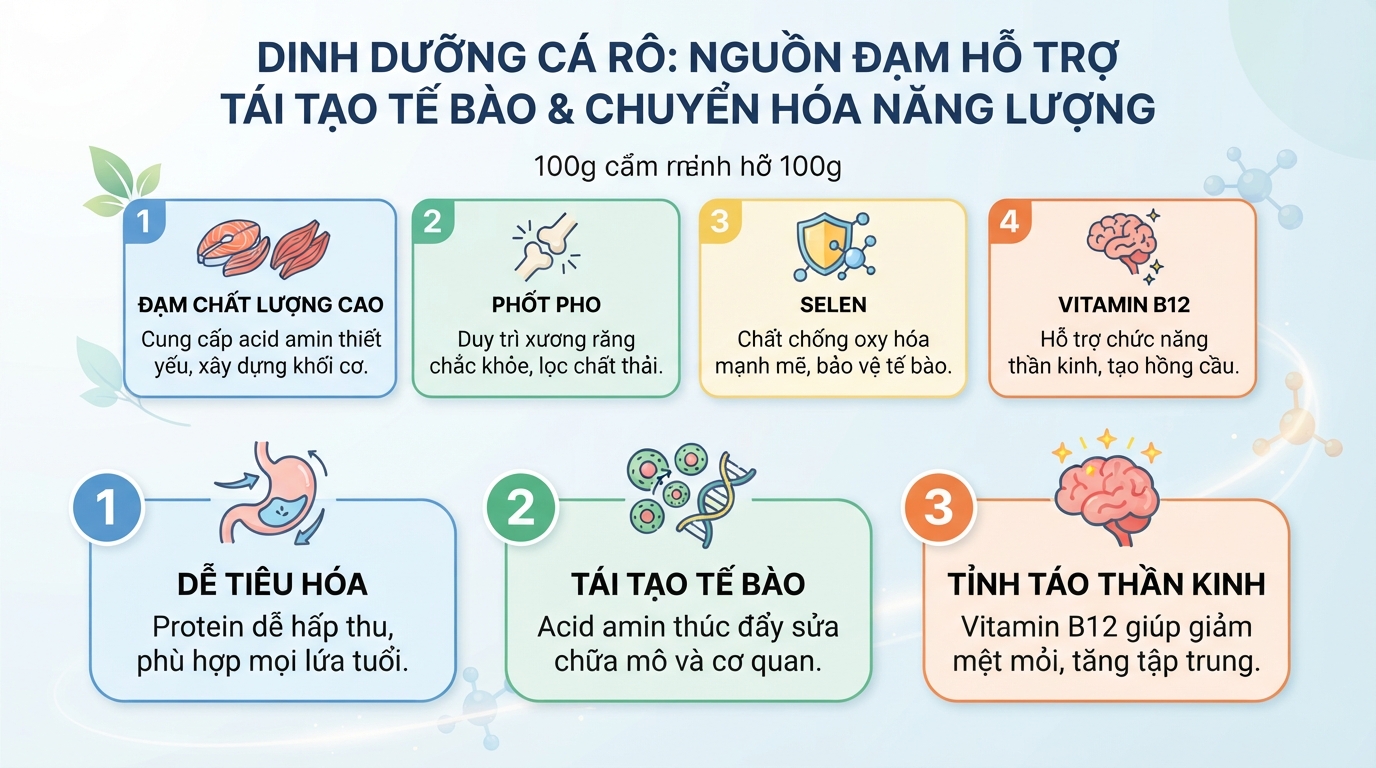 Nguồn protein từ cá rô hỗ trợ tái tạo tế bào và tăng cường chuyển hóa năng lượng.