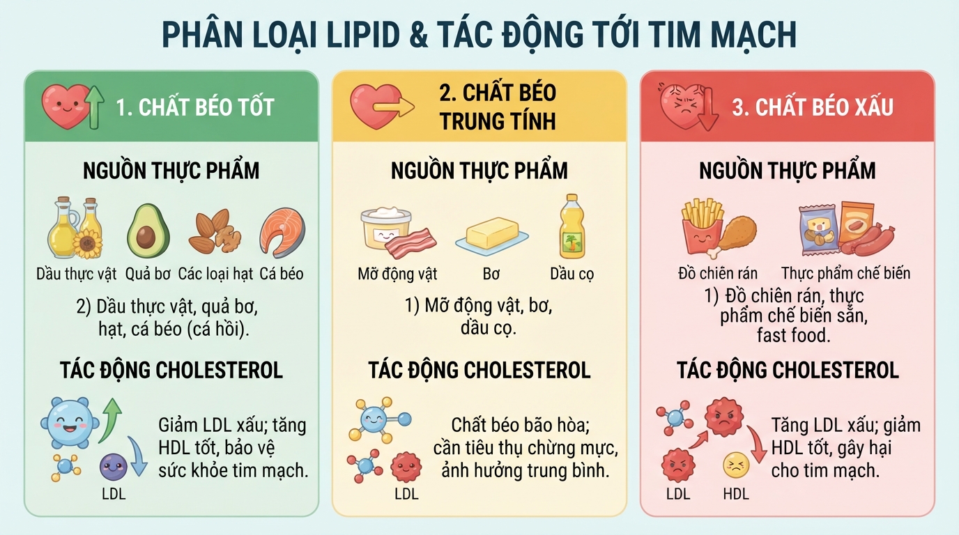 Nguồn thực phẩm chứa lipid được phân loại theo mức độ tác động tới tim mạch.