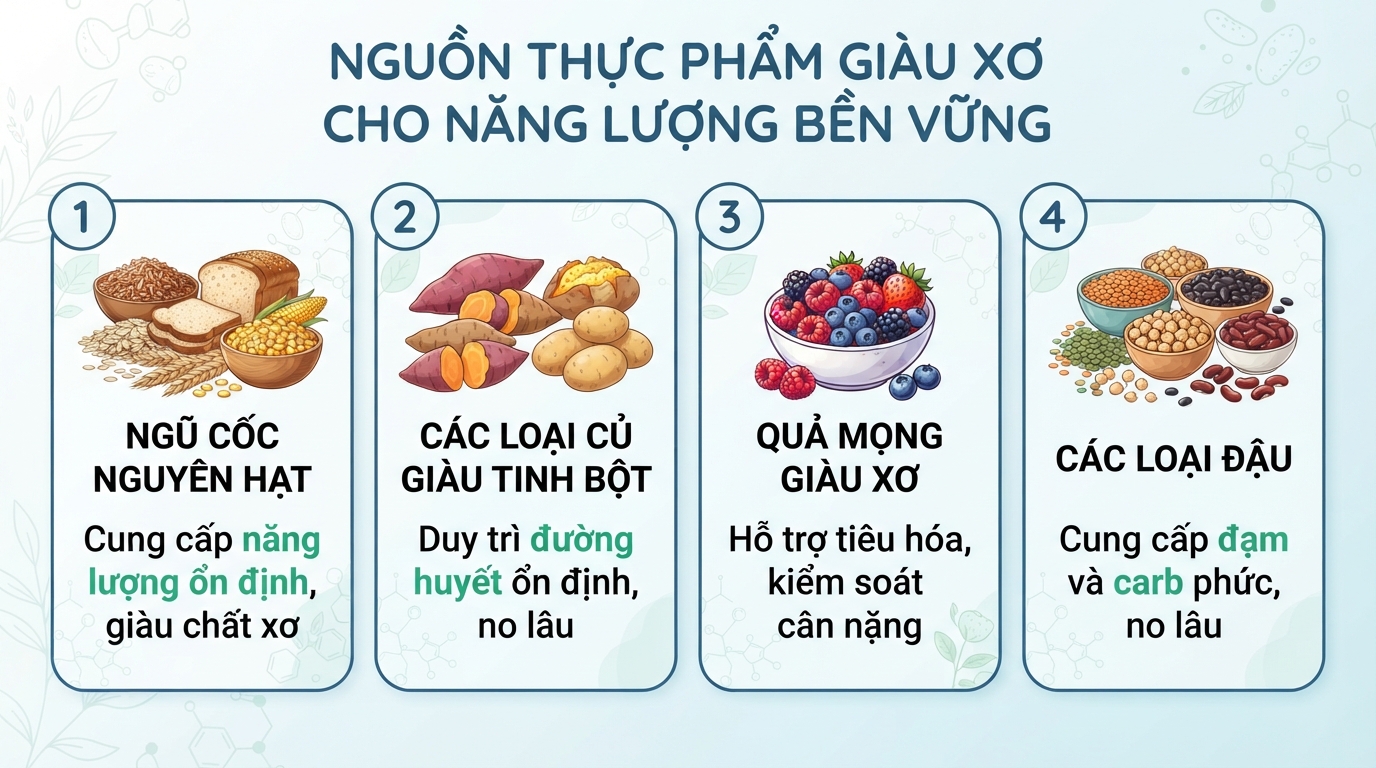 Nguồn thực phẩm giàu xơ giúp duy trì năng lượng bền vững suốt ngày dài.
