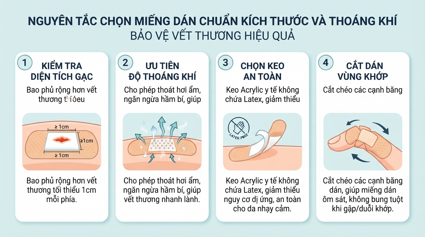 Nguyên tắc chọn miếng dán chuẩn kích thước và thoáng khí bảo vệ vết thương hiệu quả.