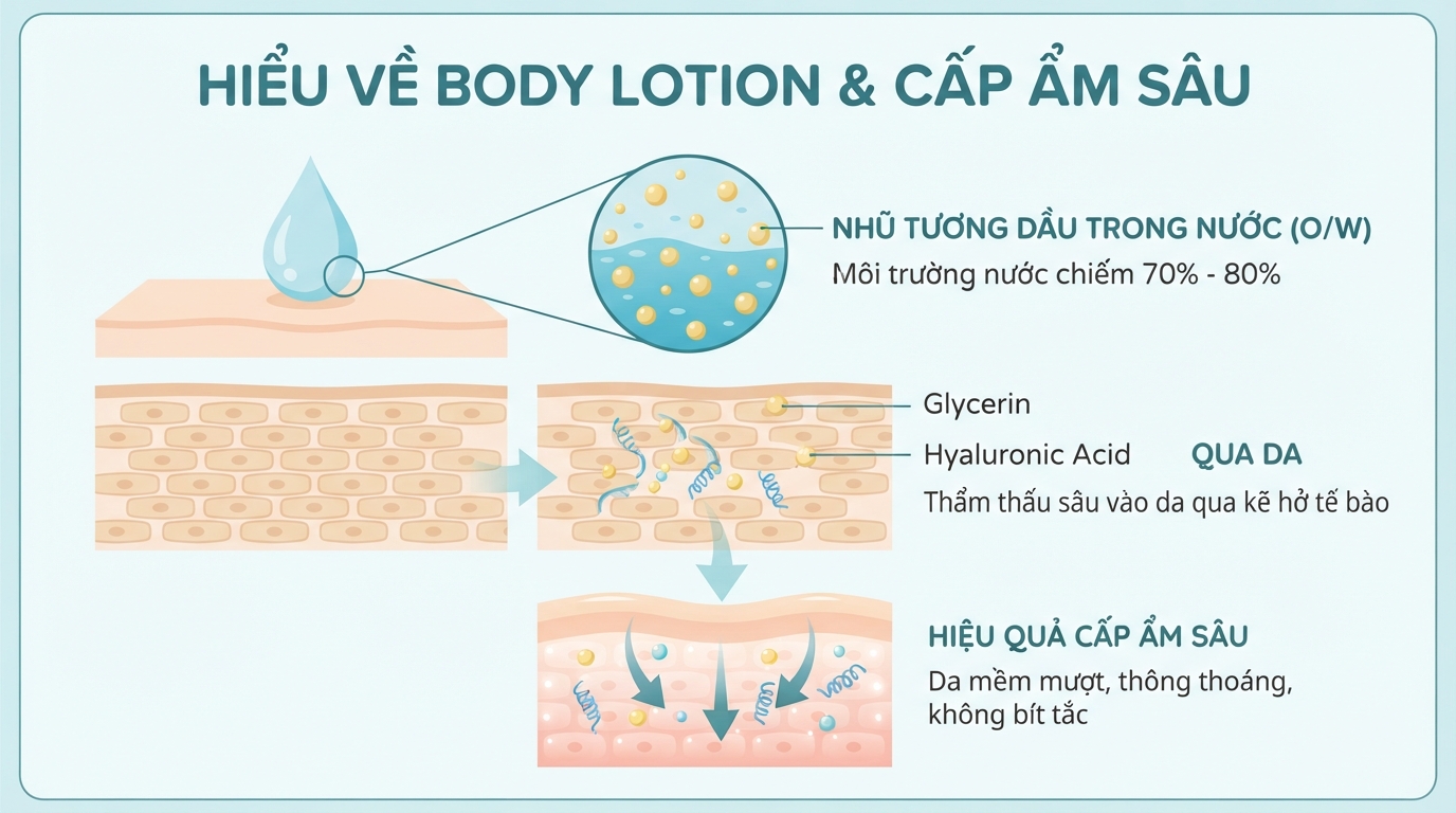 Nhận biết body lotion là gì cùng cấu trúc nhũ tương giúp cấp ẩm sâu cho da.