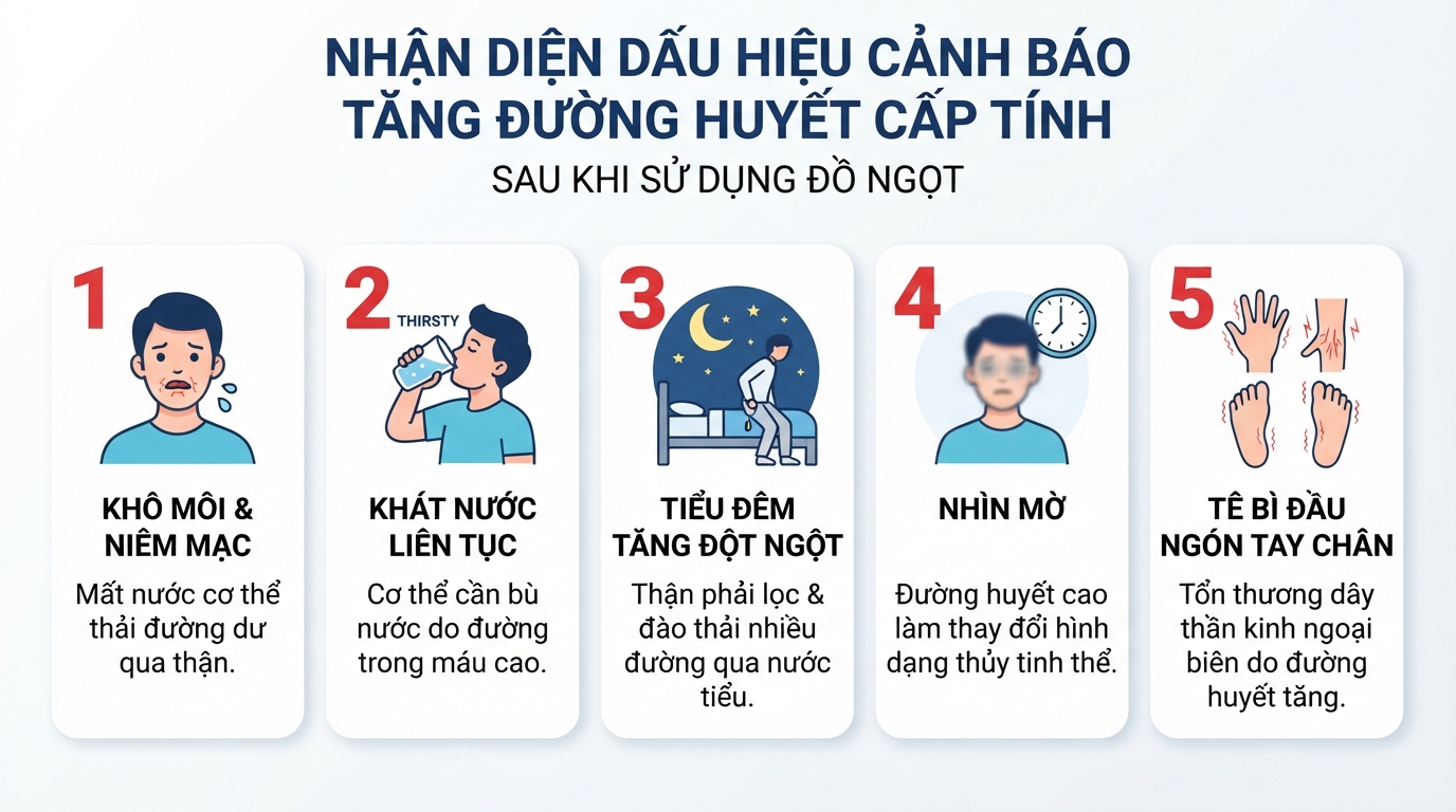 Nhận diện dấu hiệu cảnh báo tăng đường huyết cấp tính sau khi dùng chất ngọt.