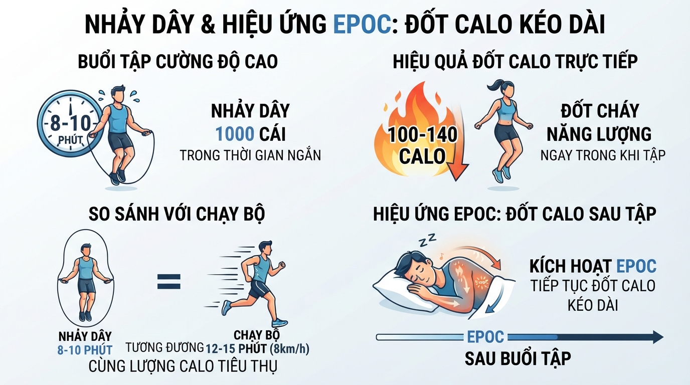 Nhảy dây kích hoạt hiệu ứng EPOC thúc đẩy đốt calo kéo dài nhiều giờ sau tập.