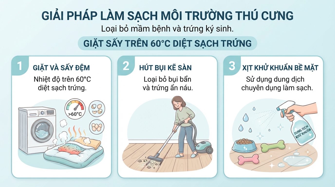 Nhiệt độ giặt sấy trên 60 độ C giúp diệt sạch trứng.
