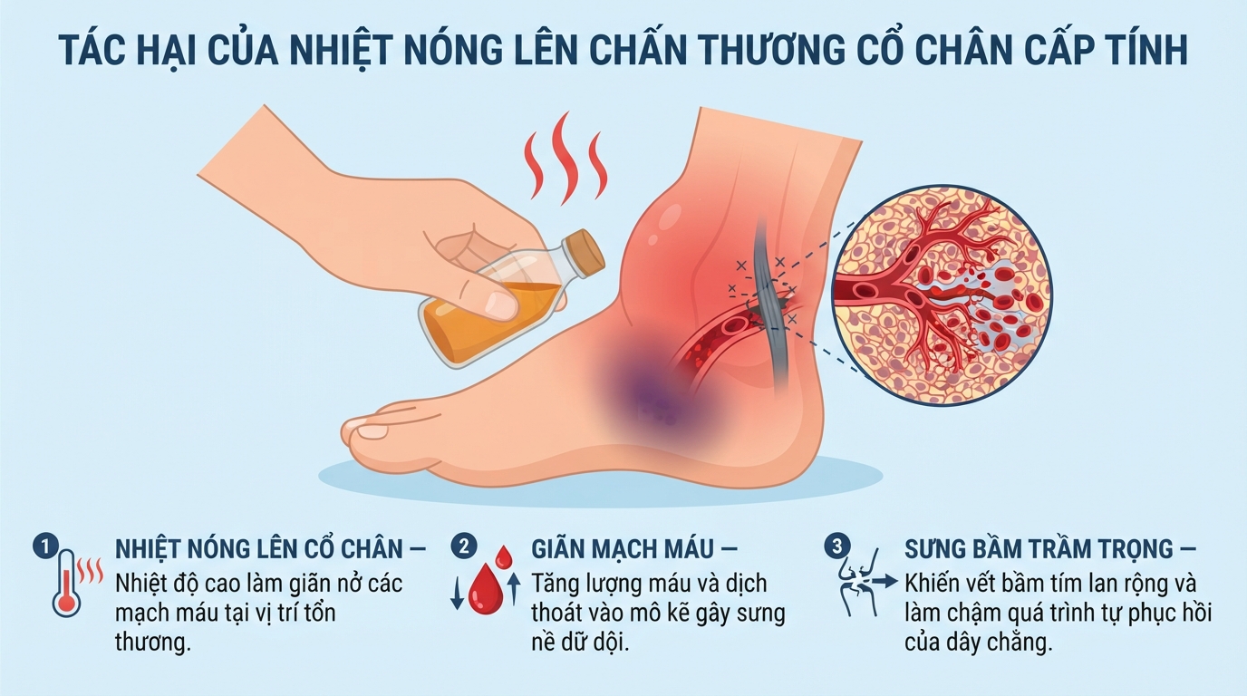 Nhiệt nóng làm giãn mạch làm trầm trọng hơn tình trạng sưng nề cấp tính. Nhiệt nóng làm giãn mạch làm trầm trọng hơn tình trạng sưng nề cấp tính.