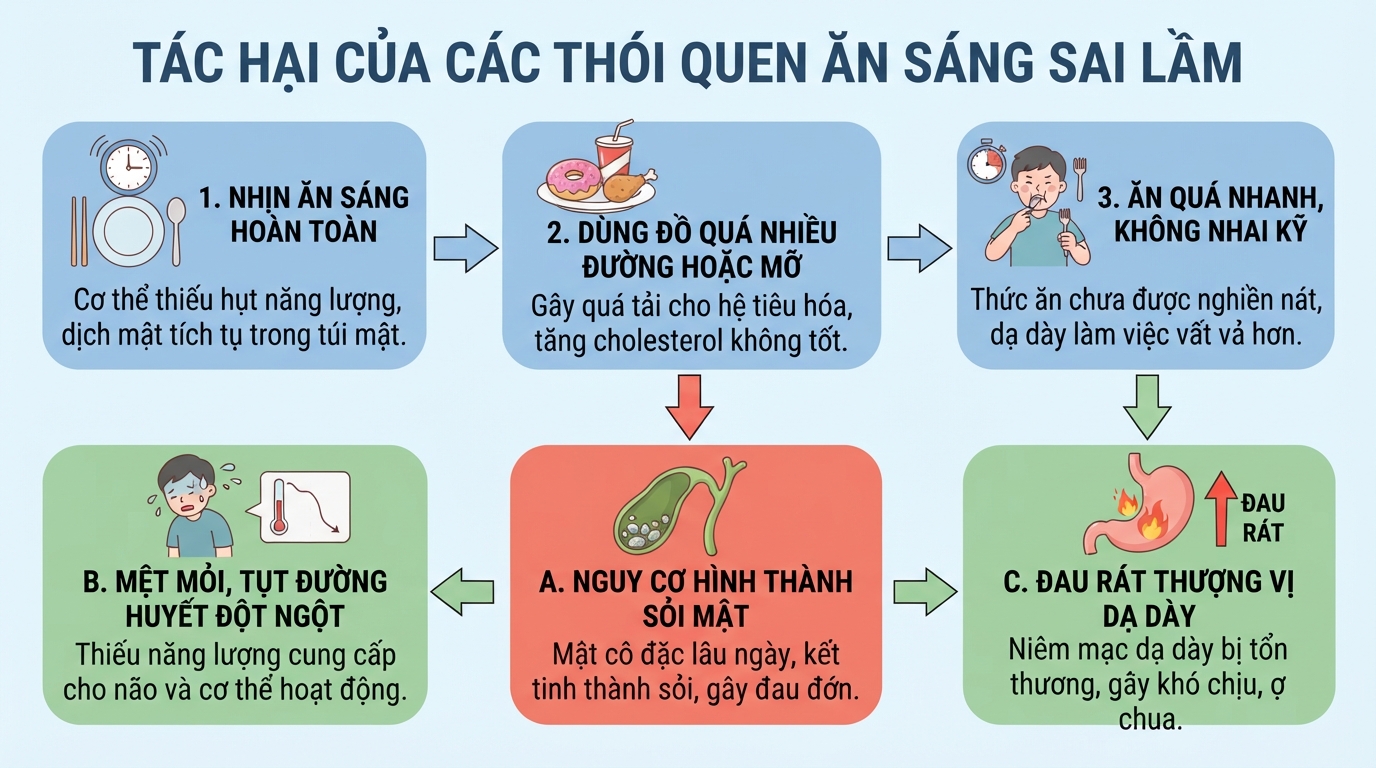Nhịn ăn sáng lâu dài có thể gia tăng nguy cơ hình thành sỏi mật.