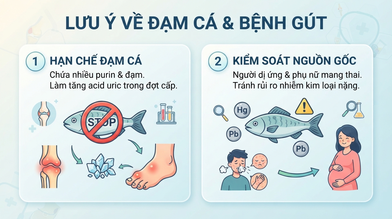 Nhóm bệnh nhân gút cấp tính cần hạn chế ăn đạm cá để tránh tăng acid uric.