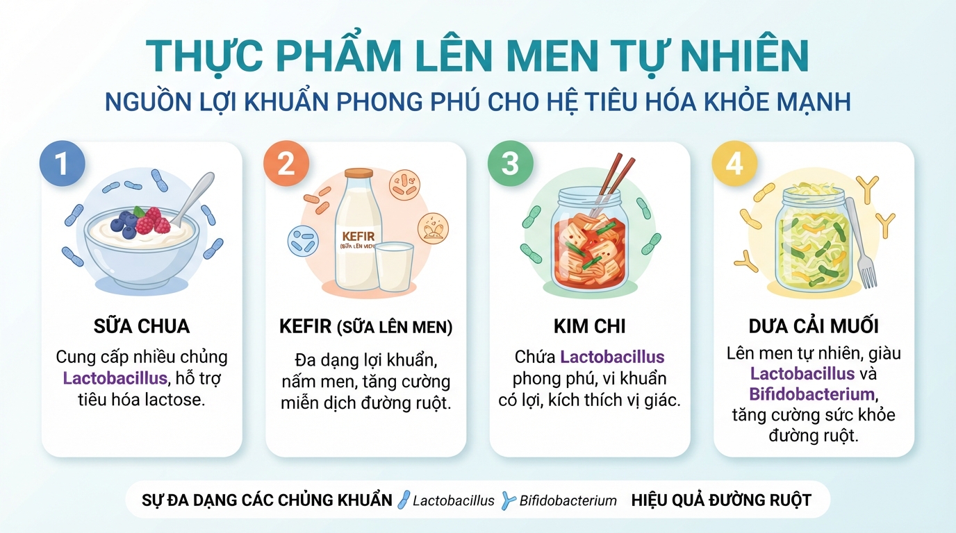 Nhóm thực phẩm lên men tự nhiên cung cấp nguồn lợi khuẩn phong phú cho hệ tiêu hóa khỏe mạnh.