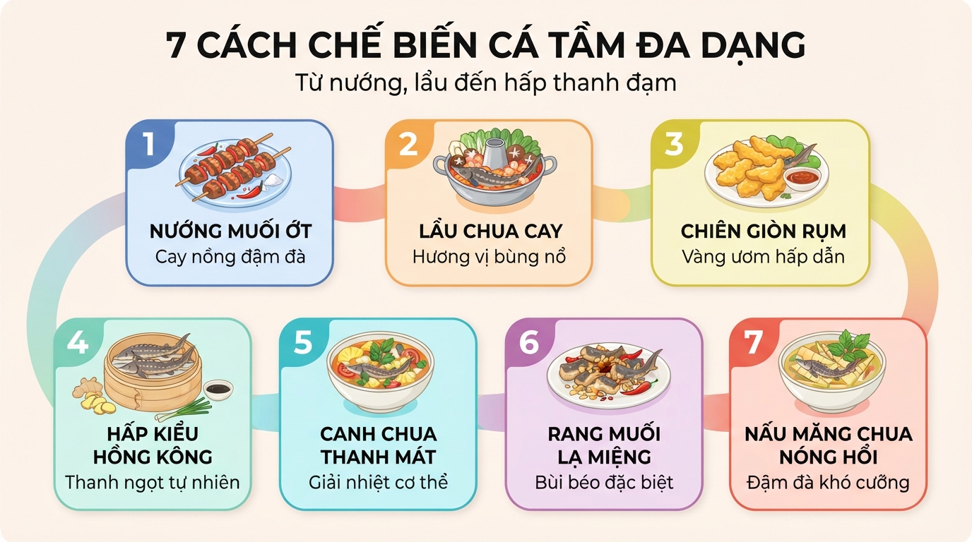 Những cách chế biến cá tầm đa dạng từ nướng, lẩu đến hấp thanh đạm.