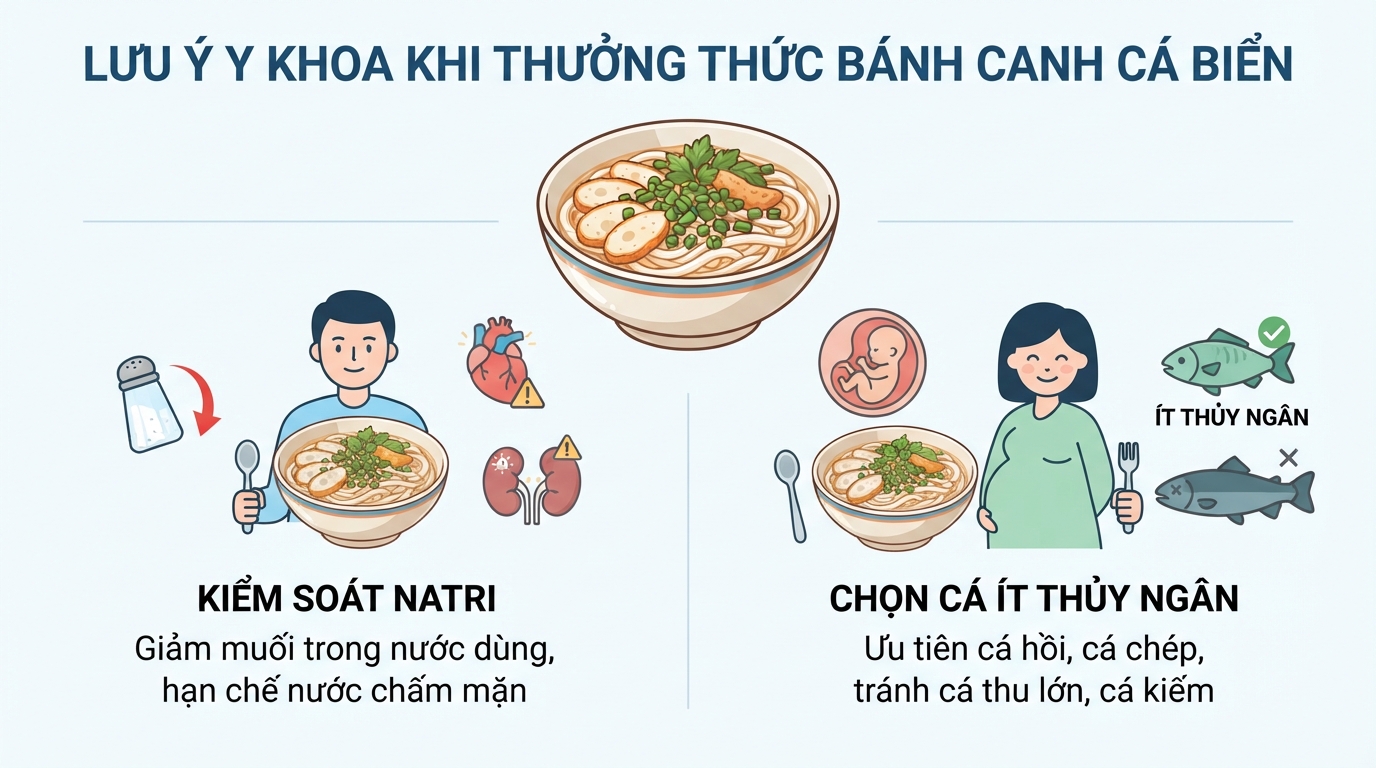 Những lưu ý y khoa quan trọng cho nhóm đối tượng nhạy cảm khi thưởng thức món bánh canh cá biển.