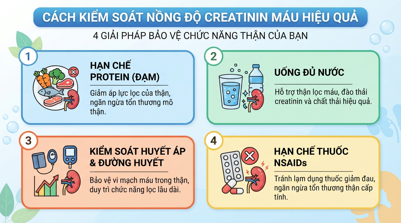Những thói quen sinh hoạt và chế độ dinh dưỡng giúp kiểm soát nồng độ creatinin máu hiệu quả.