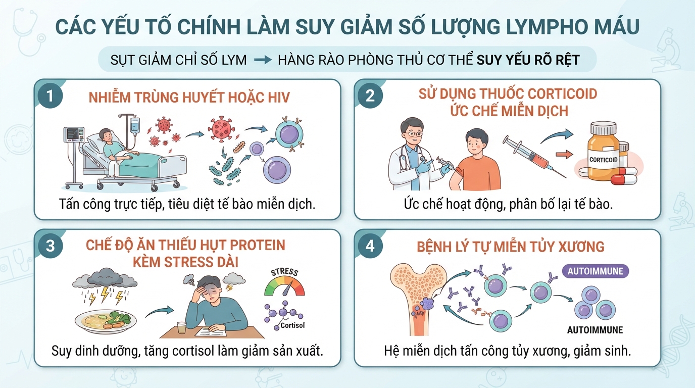 Những yếu tố lâm sàng chính làm suy giảm số lượng lympho máu.