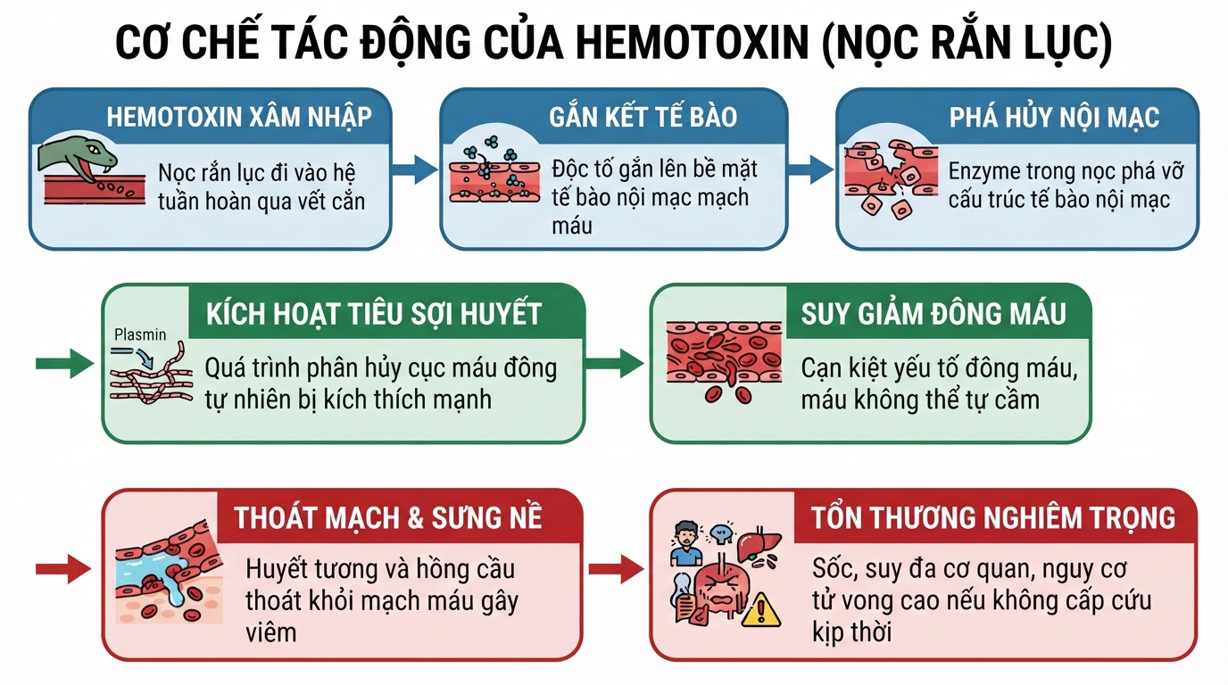 Nọc rắn lục chứa hemotoxin gây tổn thương thành mạch và rối loạn đông máu nghiêm trọng.
