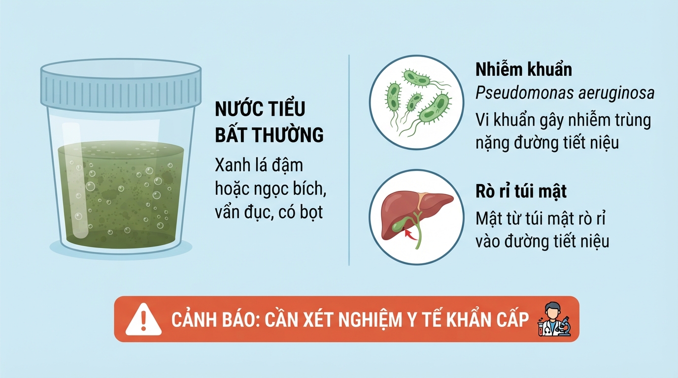 Nước tiểu màu xanh lá đậm, vẩn đục cảnh báo tình trạng nhiễm khuẩn đường tiết niệu.