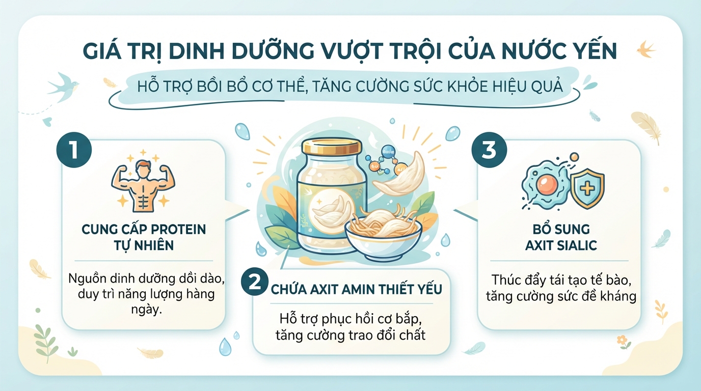 Nước yến chứa nhiều axit amin thiết yếu hỗ trợ bồi bổ cơ thể hiệu quả.