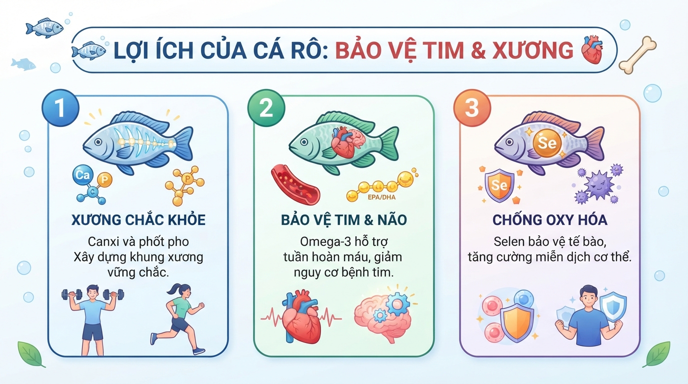 Omega-3 và khoáng chất trong cá giúp bảo vệ tim mạch cùng mật độ xương khớp bền vững.