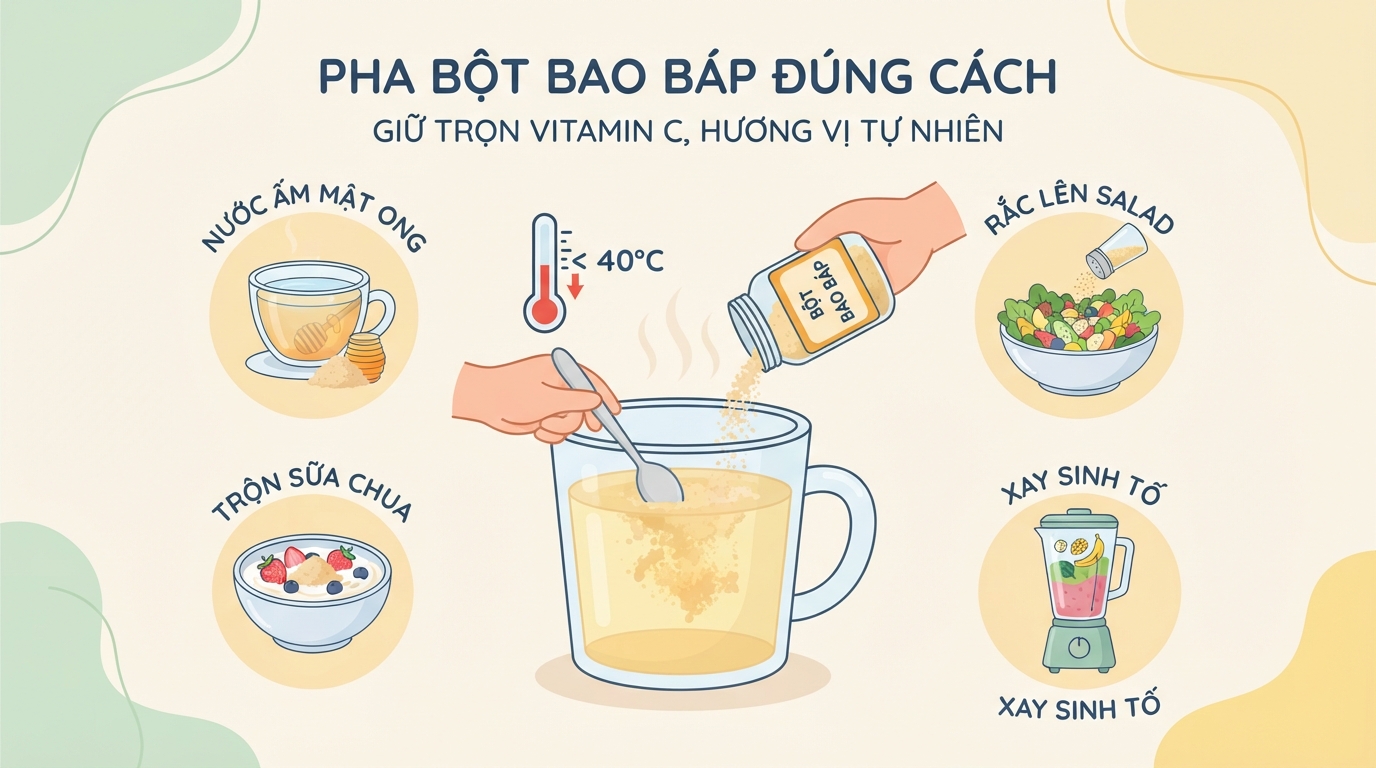Pha bột bao báp với nước ấm dưới 40 độ C giúp giữ trọn vitamin C.