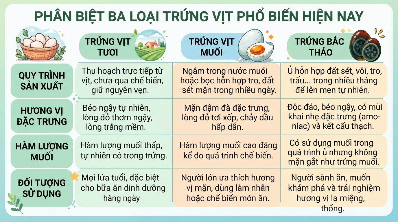 Phân biệt đặc điểm và đối tượng sử dụng phù hợp cho ba loại trứng vịt phổ biến hiện nay.