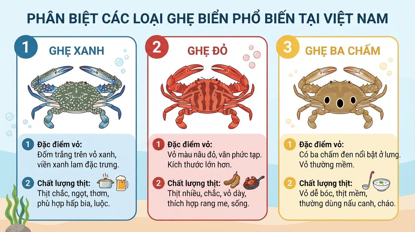 Phân biệt hình dáng và màu sắc đặc trưng của ba loại ghẹ biển phổ biến tại Việt Nam.