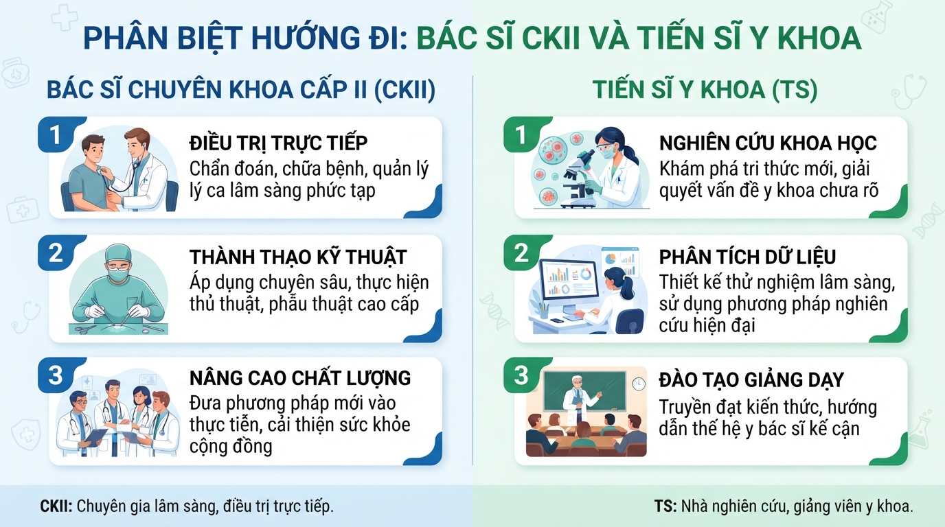 Phân biệt hướng thực hành của bác sĩ CKII và hướng nghiên cứu hàn lâm của Tiến sĩ.