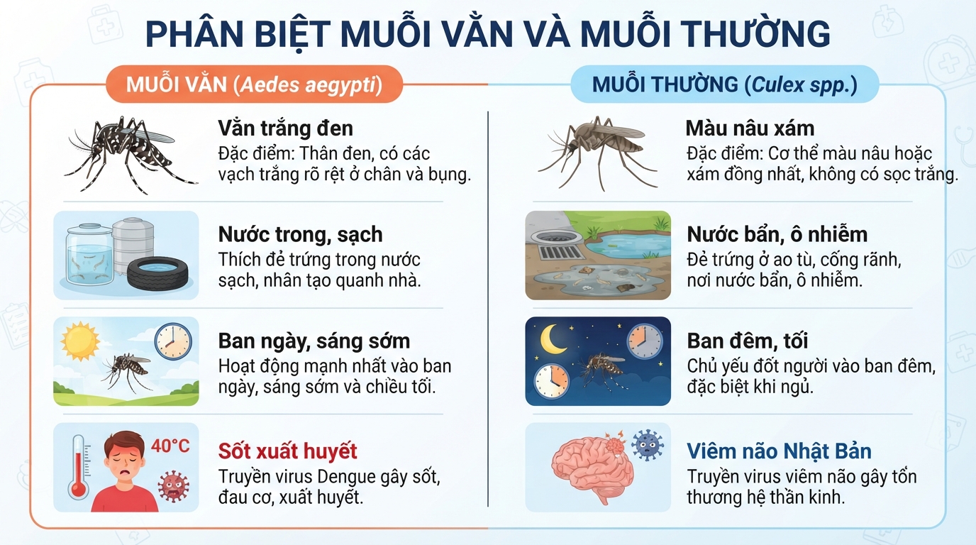 Phân biệt muỗi vằn và muỗi thường dựa trên màu sắc, tập tính hoạt động và nơi sinh sản.