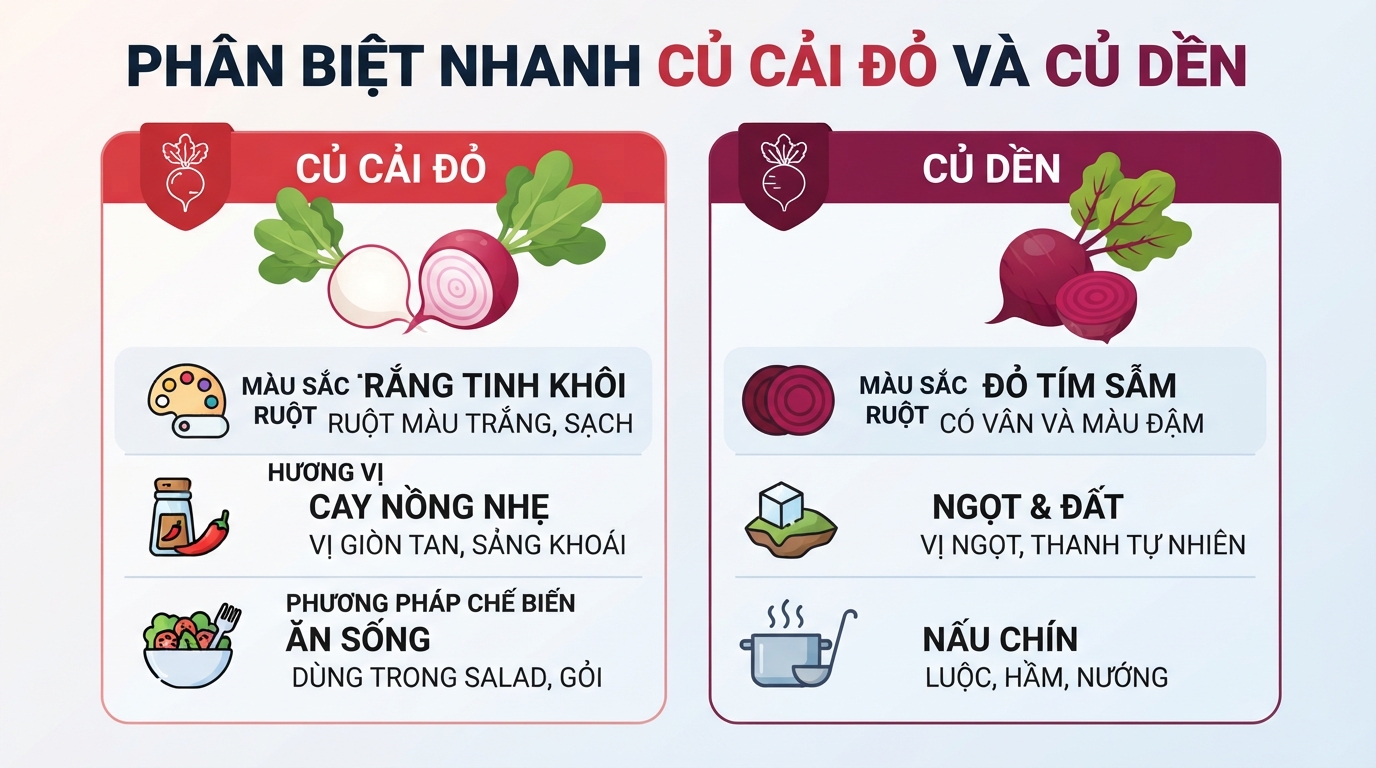 Phân biệt nhanh hai loại củ qua màu sắc ruột và phương thức chế biến.