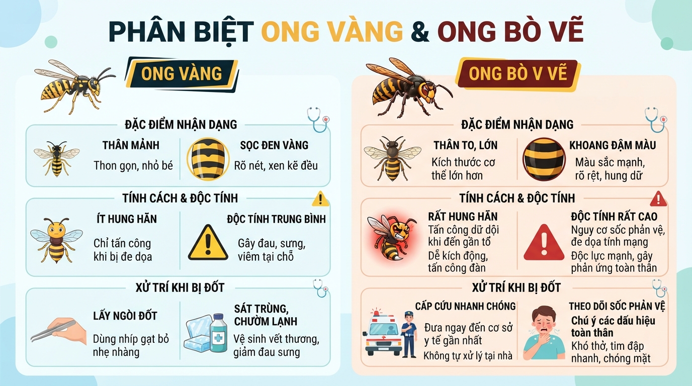 Phân biệt ong vàng và ong bò vẽ giúp chủ động ứng phó khi bị đốt.