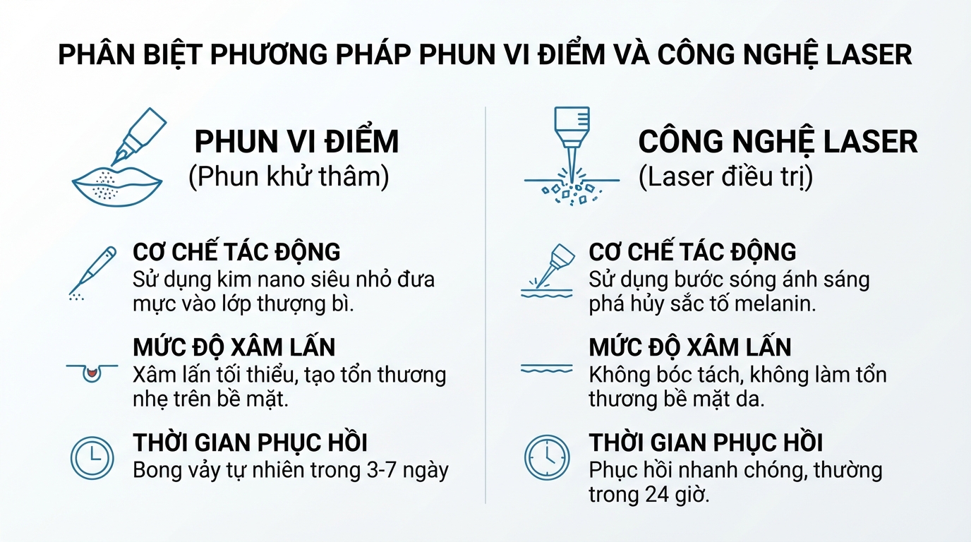 Phân biệt phương pháp phun vi điểm và công nghệ laser dựa trên cơ chế tác động và mức độ xâm lấn.