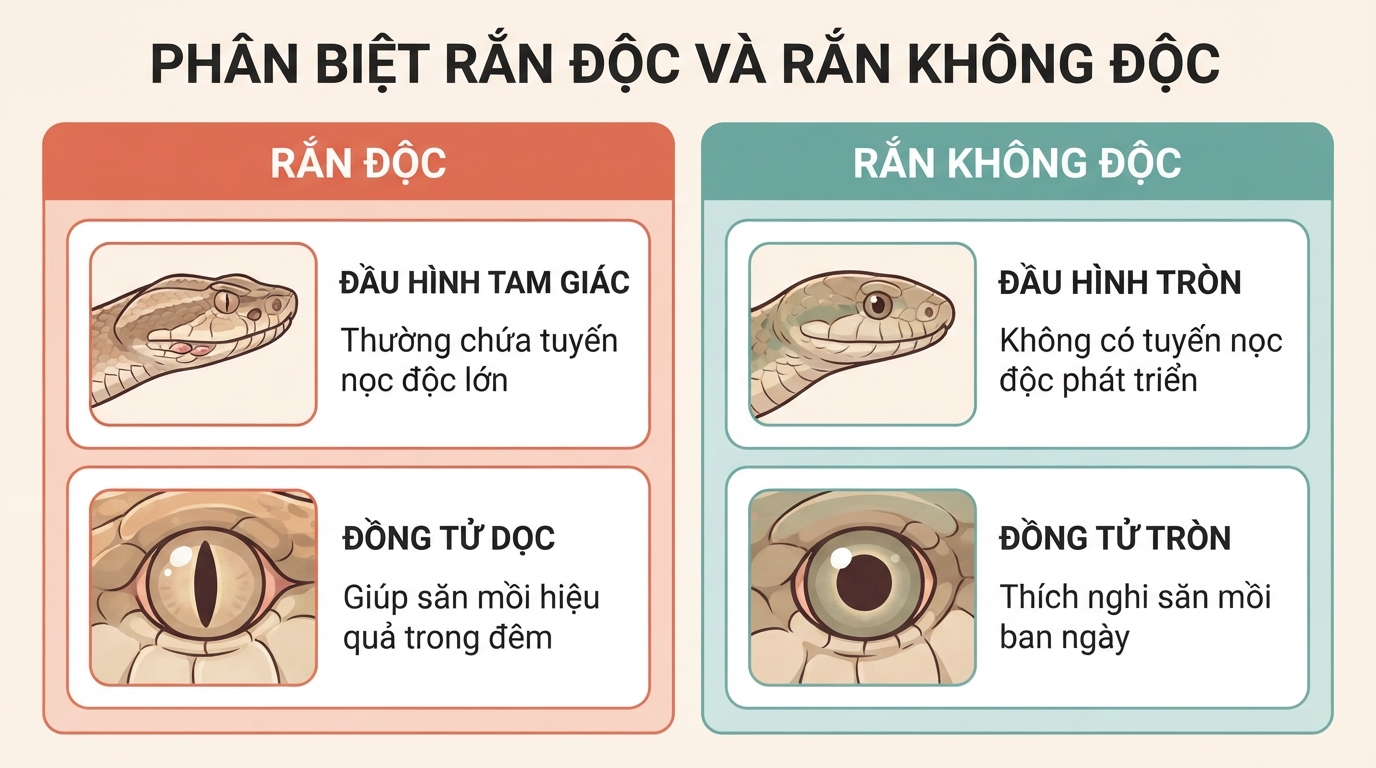 Phân biệt rắn độc và rắn lành qua hình dạng đầu và đặc điểm đồng tử mắt.