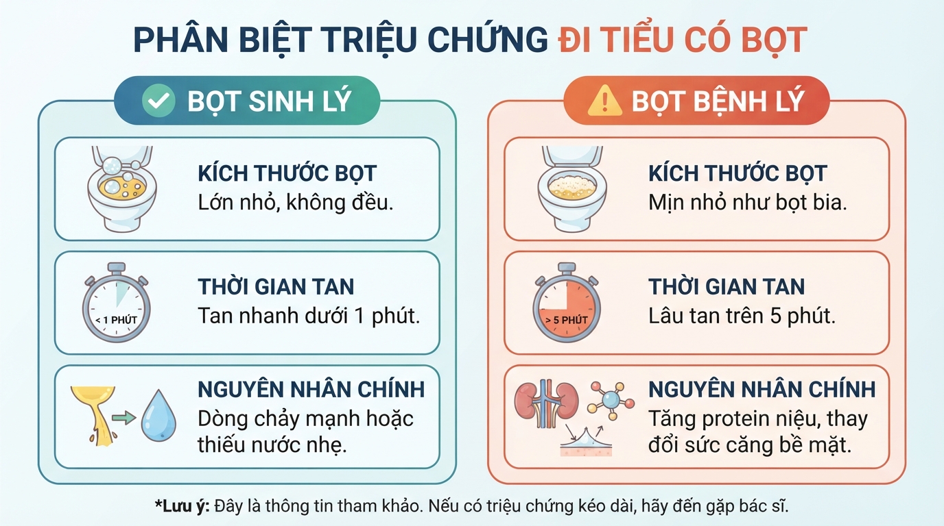 Phân biệt triệu chứng đi tiểu có bọt sinh lý tan nhanh với bọt bệnh lý tồn tại lâu.