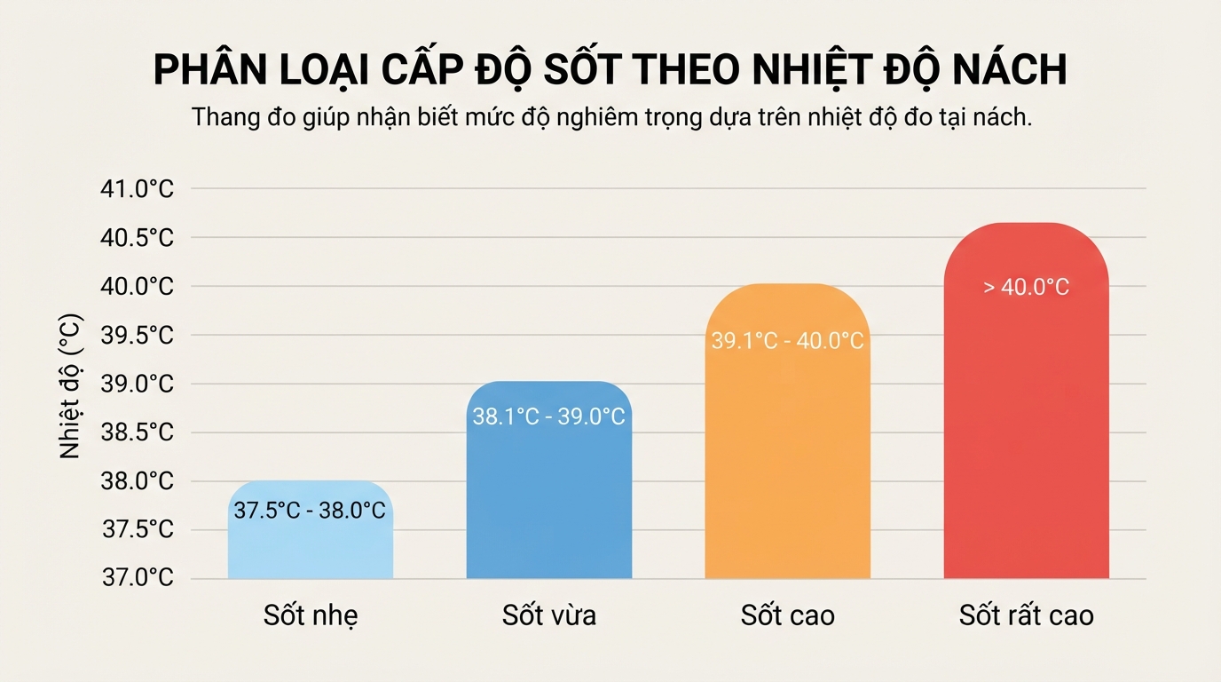 Phân loại bốn cấp độ sốt từ nhẹ đến nguy hiểm dựa trên nhiệt độ nách.