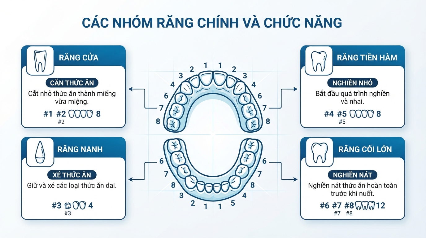 Phân loại bốn nhóm răng chính cùng chức năng chuyên biệt của chúng trên sơ đồ cấu tạo hàm răng người.