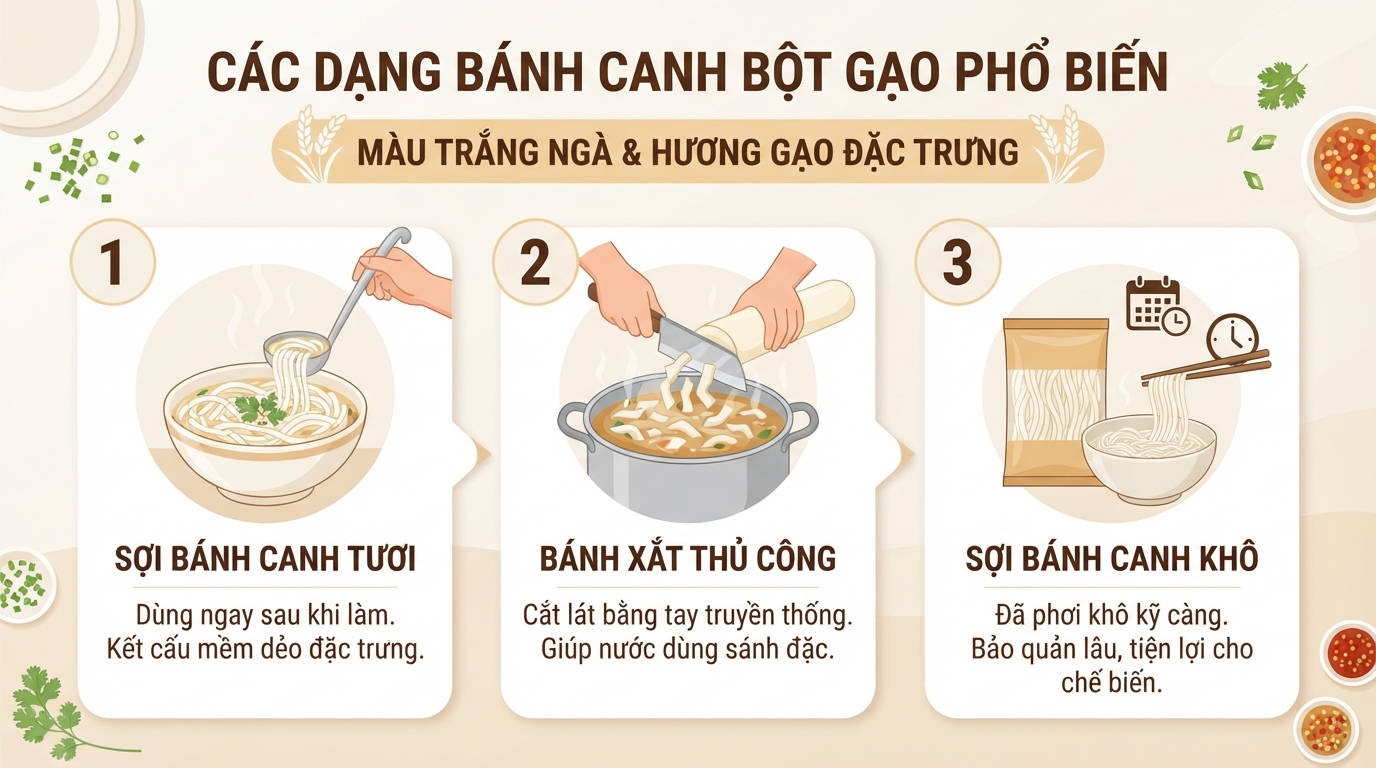 Phân loại các dạng bánh canh bột gạo phổ biến từ sợi tươi đến bánh xắt truyền thống.