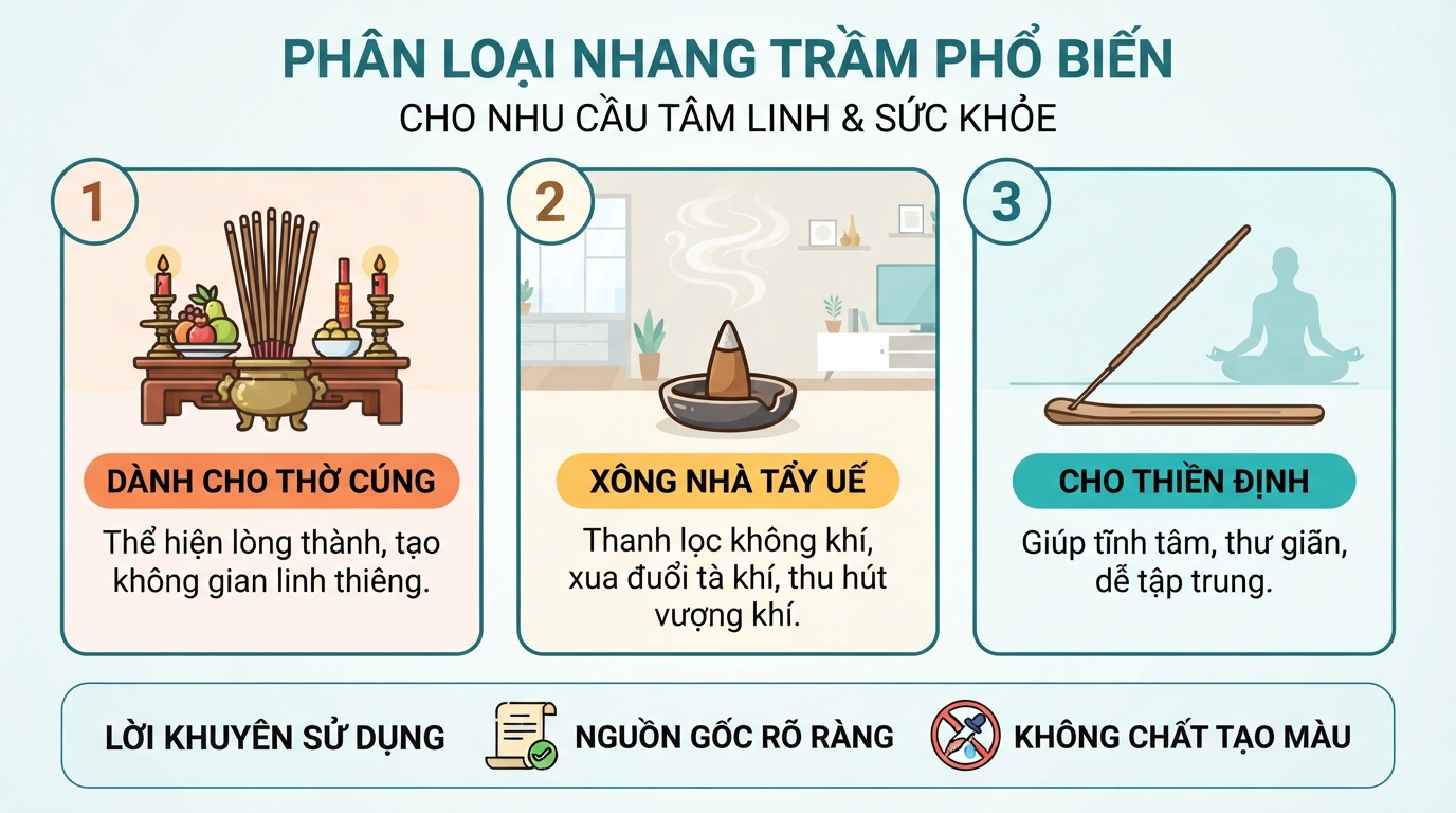Phân loại các dòng nhang trầm phổ biến phục vụ nhu cầu thờ cúng, xông nhà và thiền định.