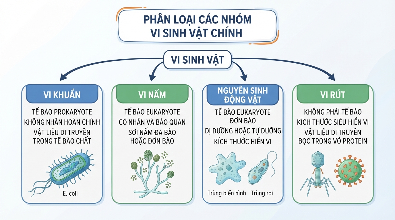 Phân loại các nhóm vi sinh vật chính dựa trên cấu trúc tế bào và đặc điểm di truyền học.