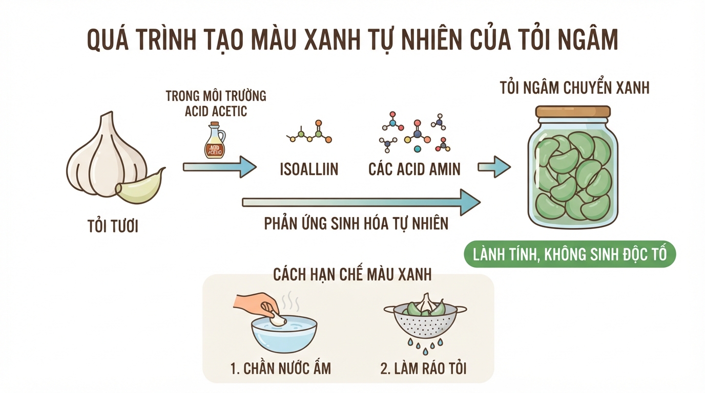 Phản ứng giữa isoalliin và acid amin tạo màu xanh lành tính cho tỏi ngâm.
